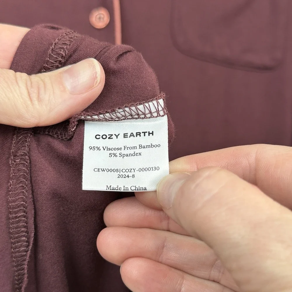 Cozy Earth Womens Bamboo Viscose Pajama Set Maroon Button Front Pockets Soft XS